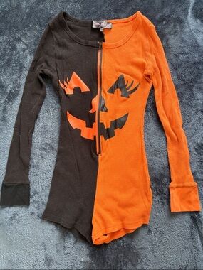 Dolls Kill Half-and-Half Pumpkin Zip-Up  Romper - Trickz N’ Treatz